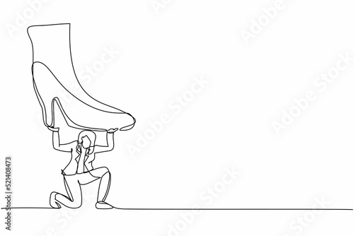 Single one line drawing businesswoman under giant foot stomping. Violence of dictator toward tiny woman, big shoes crush business people. Modern continuous line draw design graphic vector illustration