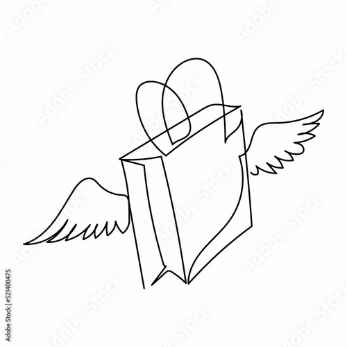 Continuous one line drawing flying shopping paper bag with wings. Delivery logo symbol, cargo shipping dropship. Online shop store service mascot. Single line draw design vector graphic illustration