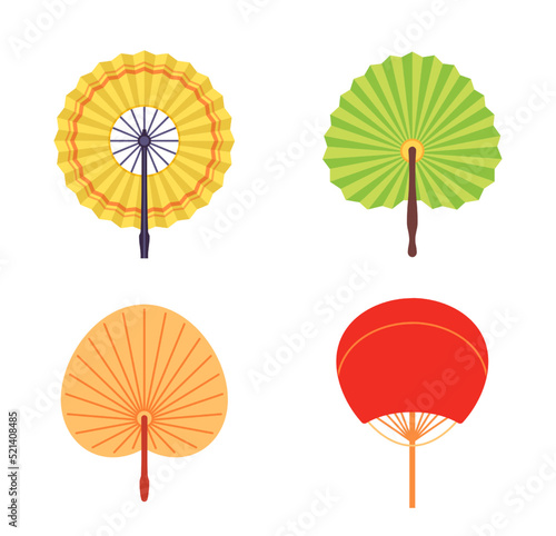 Handheld fan. Colorful paper traditional accessories. Japanese folding hand fan or cooling. Traditional female attribute