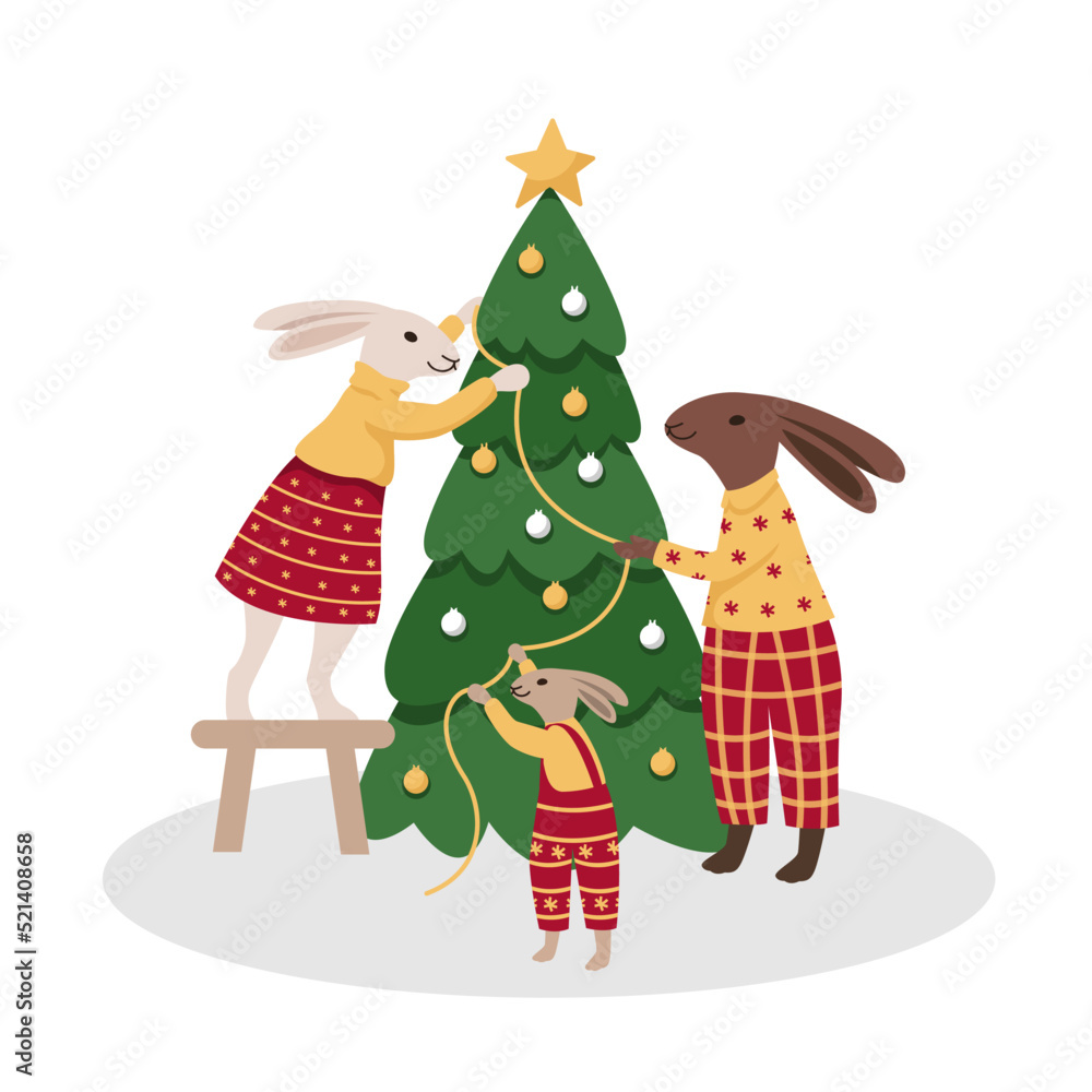 Naklejka premium Cute family of rabbits in home outfits decorate christmas tree together