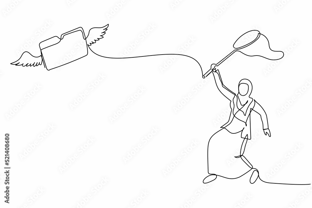 Continuous one line drawing Arabian businesswoman try to catching flying folder with butterfly net. Missing archive file of secret or important document. Single line design vector graphic illustration Continuous one line drawing Arabian businesswoman try to catching flying folder with butterfly net. Missing archive file of secret or important document. Single line design vector graphic illustration