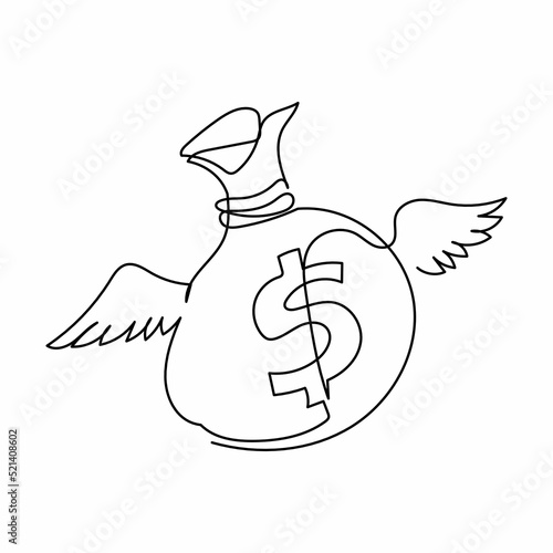 Single continuous line drawing flying money bag with wings. Bag with money with wings, dollar sign, flies and glitters. Winged money sack icon. Dynamic one line draw graphic design vector illustration