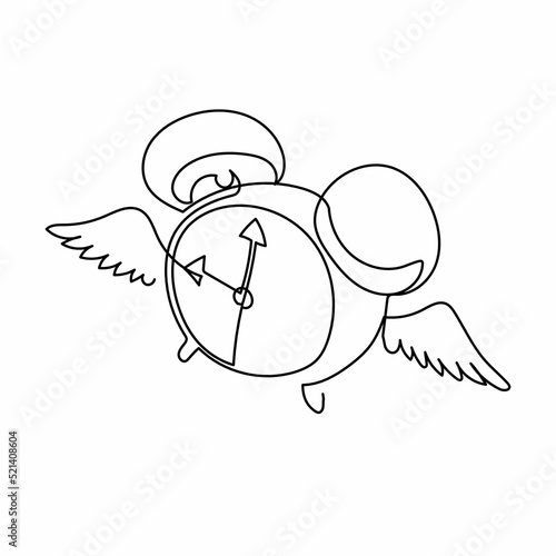 Continuous one line drawing flying alarm clock with wings. Alarm clock with wing flying in the sky. Time flies, everything seems evanescent concept. Single line draw design vector graphic illustration