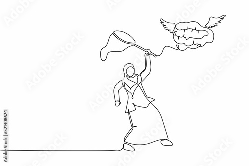 Single one line drawing Arab businesswoman try to catching flying brain with butterfly net. Losing brilliant mind or creative thinking concept. Continuous line draw design graphic vector illustration