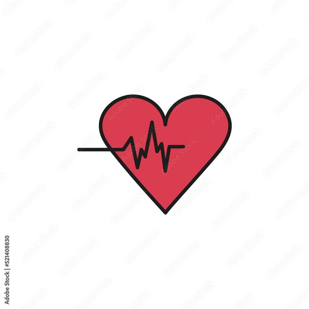 Heart beat line icon vector illustration. Heart rate simple outline image. Cardiology symbol. Medical logo red heart with zigzag line isolated