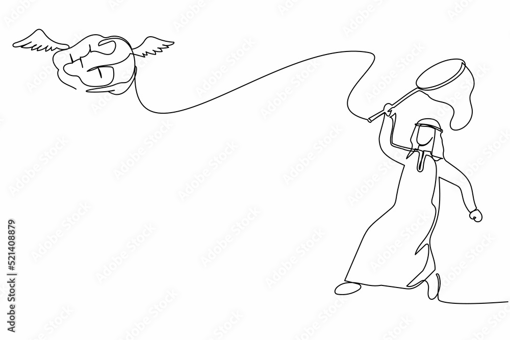 Continuous one line drawing Arabian businessman try to catching flying brain with butterfly net. Losing healthy mind for genius idea. Business metaphor. Single line design vector graphic illustration Continuous one line drawing Arabian businessman try to catching flying brain with butterfly net. Losing healthy mind for genius idea. Business metaphor. Single line design vector graphic illustration
