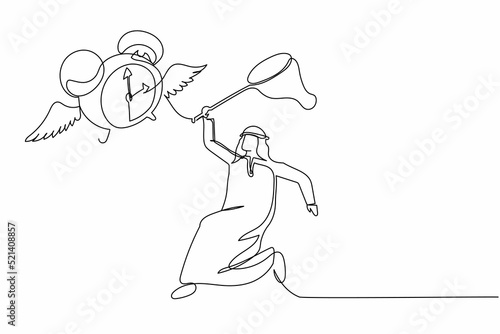Single continuous line drawing Arab businessman try to catching flying alarm clock with butterfly net. Failed to complete work deadlines. Business metaphor. One line graphic design vector illustration