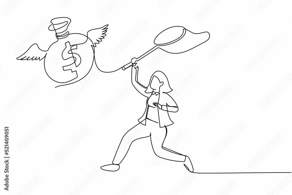 Single continuous line drawing businesswoman try to catching flying money bag with butterfly net. Loss of wealth, lots of money, retirement savings. One line draw graphic design vector illustration Single continuous line drawing businesswoman try to catching flying money bag with butterfly net. Loss of wealth, lots of money, retirement savings. One line draw graphic design vector illustration