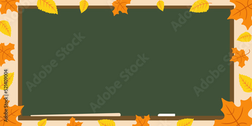 Cute school background. School blackboard with a pointer and a piece of chalk framed by autumn leaves. Vector illustration.