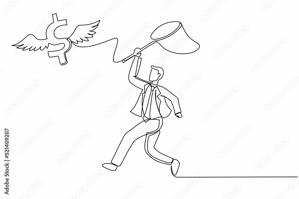 Single continuous line drawing businessman try to catching flying dollar sign symbol with butterfly net. Finance, money, opportunity. Economic crisis. One line draw graphic design vector illustration