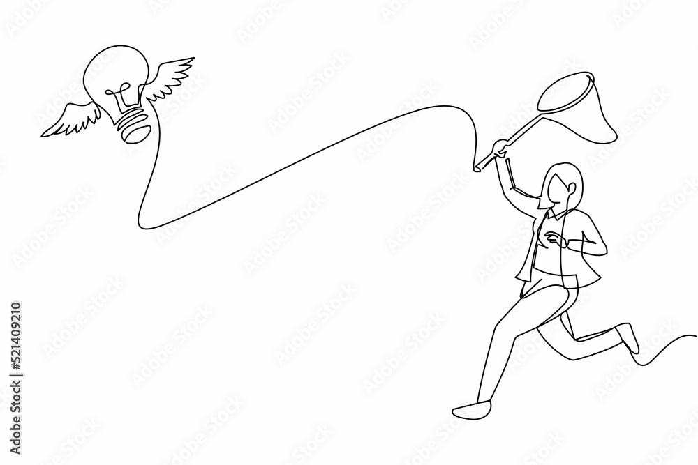 Fototapeta premium Single one line drawing businesswoman try to catching flying light bulb with butterfly net. Loss of brilliant business idea. Innovation stopped. Continuous line draw design graphic vector illustration