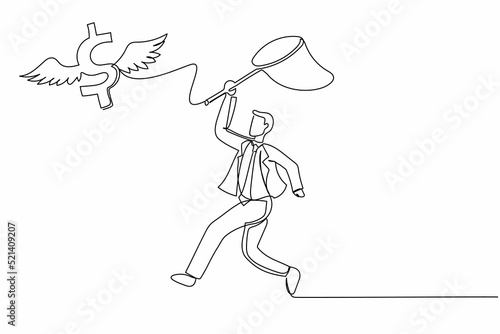 Single continuous line drawing businessman try to catching flying dollar sign symbol with butterfly net. Finance  money  opportunity. Economic crisis. One line draw graphic design vector illustration