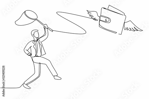 Single one line drawing businessman try to catching flying wallet with butterfly net. Losing money, spending, pay, wasteful, gone money, financial concept. Continuous line design vector illustration