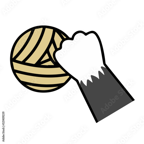 Cat paw hold skein of woolen threads. Playful pet. Activity and fun of animal. Hand caught ball. Cartoon illustration
