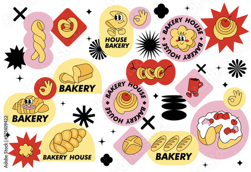 Vector set in retro style fbakery shop stickers. Colorful patch badges for bakery cafe.