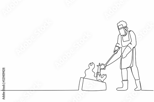 Single continuous line drawing bearded blacksmith wearing leather apron gloves and face shield heating iron sword piece in coal fire in his workshop. One line draw graphic design vector illustration