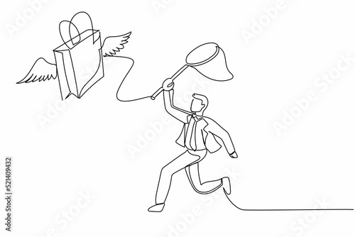 Continuous one line drawing businessman try to catching flying shopping bag with butterfly net. Commercial retail fashion and makeup shopping concept. Single line design vector graphic illustration