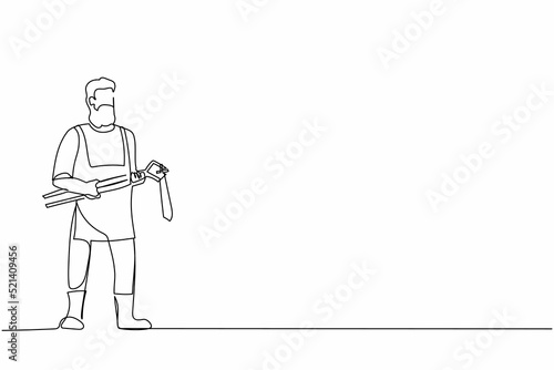 Single one line drawing bearded blacksmith wearing apron standing holding hot blade forged with pliers and tongs. Craftsman making swords and shields. Continuous line draw design vector illustration