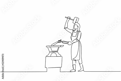 Single continuous line drawing active female blacksmith in apron forging blade on anvil. Woman metal worker with hammer and anvil create small sword. One line draw graphic design vector illustration