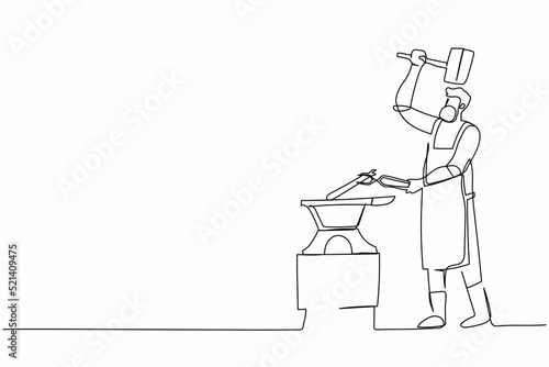 Continuous one line drawing bearded blacksmith in apron forging blade on the anvil. Smith working with hammer and anvil. Historical, fairytale craftsman. Single line design vector graphic illustration