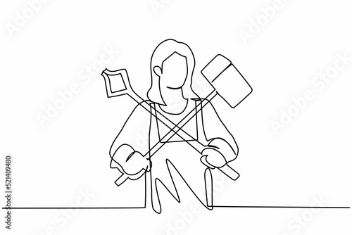 Single continuous line drawing female blacksmith standing wearing apron holding sledgehammer and pliers crossed. Metal worker making craft art production. One line graphic design vector illustration