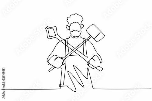 Single continuous line drawing bearded blacksmith standing wearing apron holding sledgehammer and pliers crossed. Worker producing steel craft in workshop. One line graphic design vector illustration