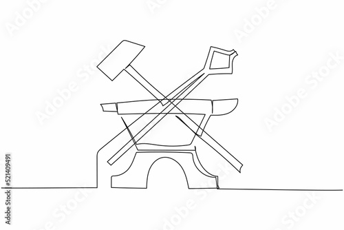 Continuous one line drawing blacksmiths tools icon. Crossed hammer, pliers, anvil. Craft and metalwork concept for emblems or labels templates. Single line draw design vector graphic illustration