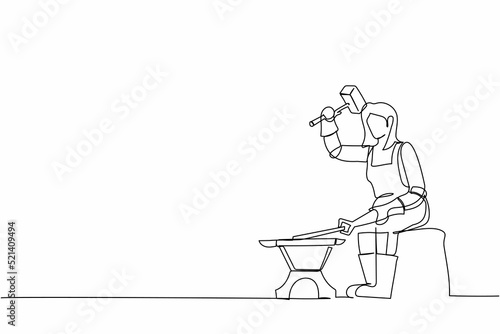 Single one line drawing female blacksmith sitting wearing apron hitting iron piece forged with hammer. Metal worker making craft art production. Continuous line draw design graphic vector illustration