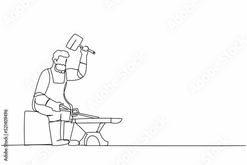 Continuous one line drawing bearded blacksmith sitting wearing apron hitting iron piece forged with sledgehammer. Worker producing steel craft art. Single line draw design vector graphic illustration