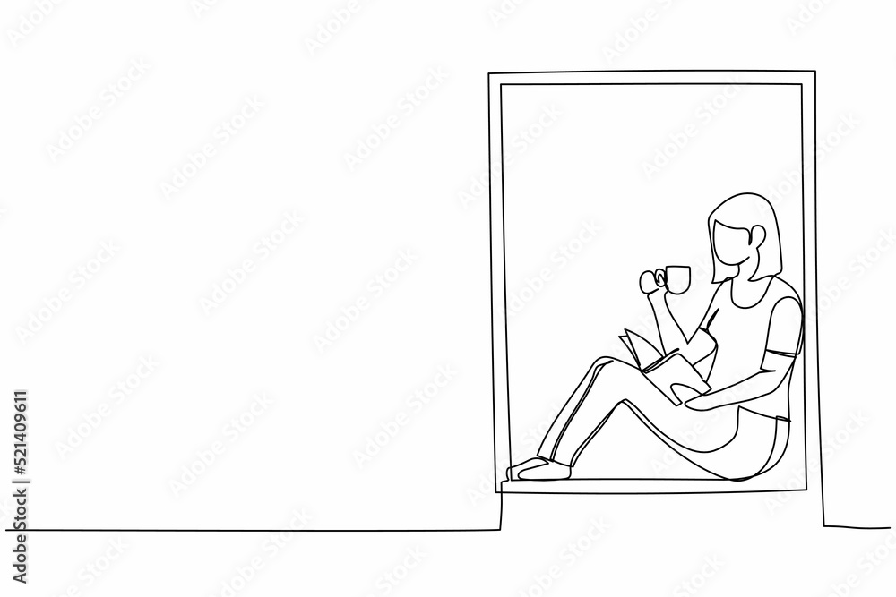 Continuous one line drawing woman on windowsill reading book with cup of hot coffee or tea. Enjoy atmosphere of day in window of room. Stay at home. Single line draw design vector graphic illustration