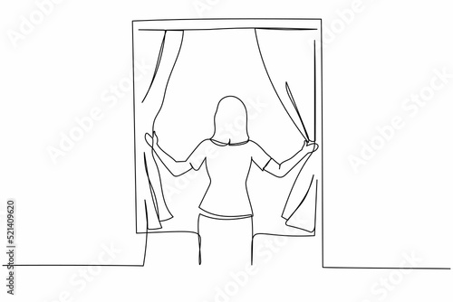 Single one line drawing back view of young woman standing and opening window curtains. Concept of person wake up in morning to get fresh air. Continuous line draw design graphic vector illustration