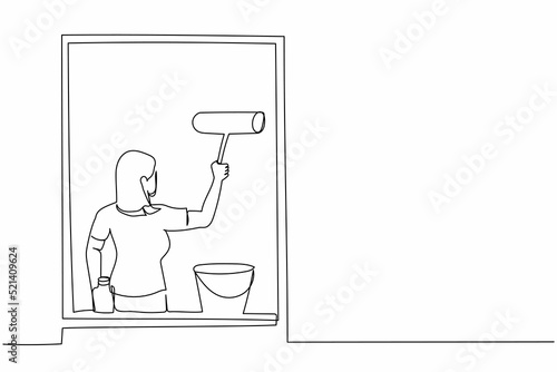 Single continuous line drawing young woman cleaning windows with glass cleaner tools. Washing windows with bucket, detergent, wet rag. Daily housework. One line draw graphic design vector illustration