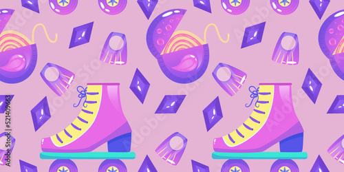 90s seamless pattern in retro style. Cartoon 1990 style vector illustration. Trendy vector design. Neon color. Seamless pattern with rollers, chewing gum and ring