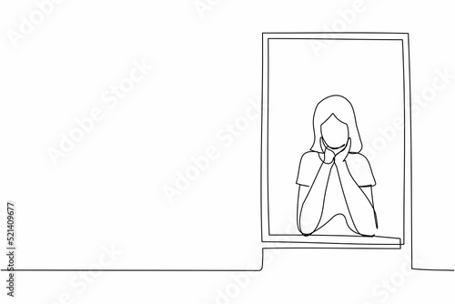 Continuous one line drawing sad woman sitting near the window with support the chin. Pandemic impact in business, economic recession, market crash. Single line draw design vector graphic illustration