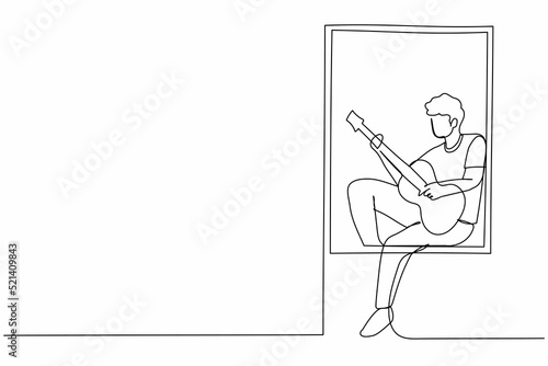 Continuous one line drawing young man sits on windowsill playing guitar and sing song. Rest, stay at home, human life, relaxation, comfort, romantic. Single line design vector graphic illustration