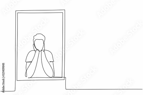 Single one line drawing man sitting sadly with support the chin near the window. Coronavirus impact in business, economic recession, pandemic. Continuous line draw design graphic vector illustration