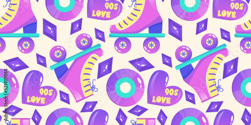 90s seamless pattern in retro style. Cartoon 1990 style vector illustration. Trendy vector design. Neon color. Seamless pattern with rollers, disk and heart