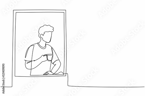 Single one line drawing man enjoy hot coffee or tea in window house. Male holding mug and looking through window while sitting on windowsill at home. Continuous line design graphic vector illustration