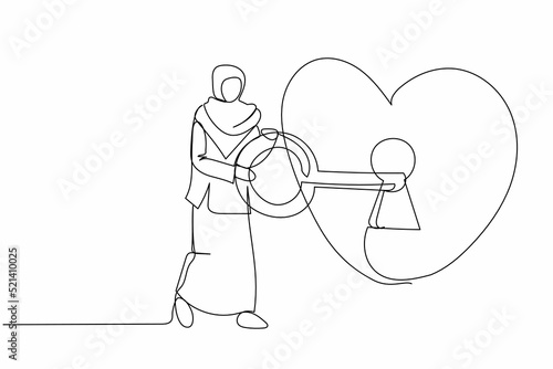 Continuous one line drawing lovely Arabian businesswoman putting big key into heart. Invitation wedding or marriage concept. Woman try to unlock her heart. Single line draw design vector illustration