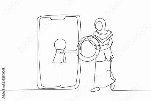 Single one line drawing Arabian businesswoman put key into smartphone. Unlock screen protection. Privacy for protect internet user. Password security system. Continuous line design vector illustration