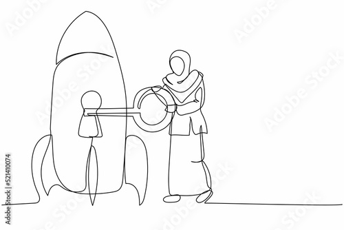 Single one line drawing Arab businesswoman put key into rocket. Unlock business plan project. Launching new startup business, innovation, improvement. Continuous line draw design vector illustration
