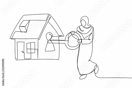 Single continuous line drawing Arabian businesswoman put key into house. Real estate investment for working people. Housing loan, property banking mortgage. One line graphic design vector illustration