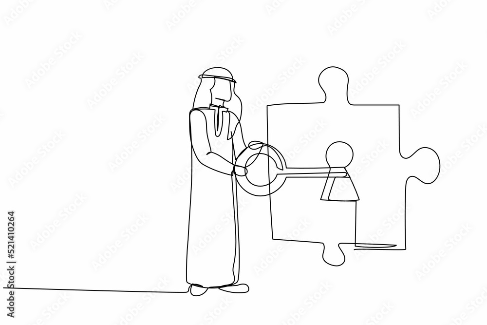 Single continuous line drawing Arab businessman putting big key into puzzle piece. Teamwork solving complicated tasks. Partnership and cooperation concept. One line graphic design vector illustration