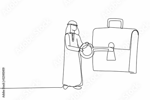 Continuous one line drawing Arabian businessman putting key into briefcase. Safety bag for secret document. Invest portfolio, stock market trading strategy. Single line draw design vector illustration