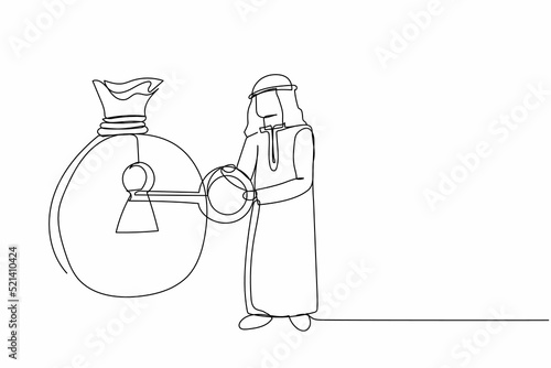 Continuous one line drawing Arab businessman putting big key into money bag. Money management concept. Financial key success, safe haven for investment. Single line design vector graphic illustration