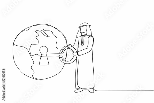 Continuous one line drawing Arabian businessman putting big key into globe. Global warming alert for people around the world. Security and data safety. Single line graphic design vector illustration