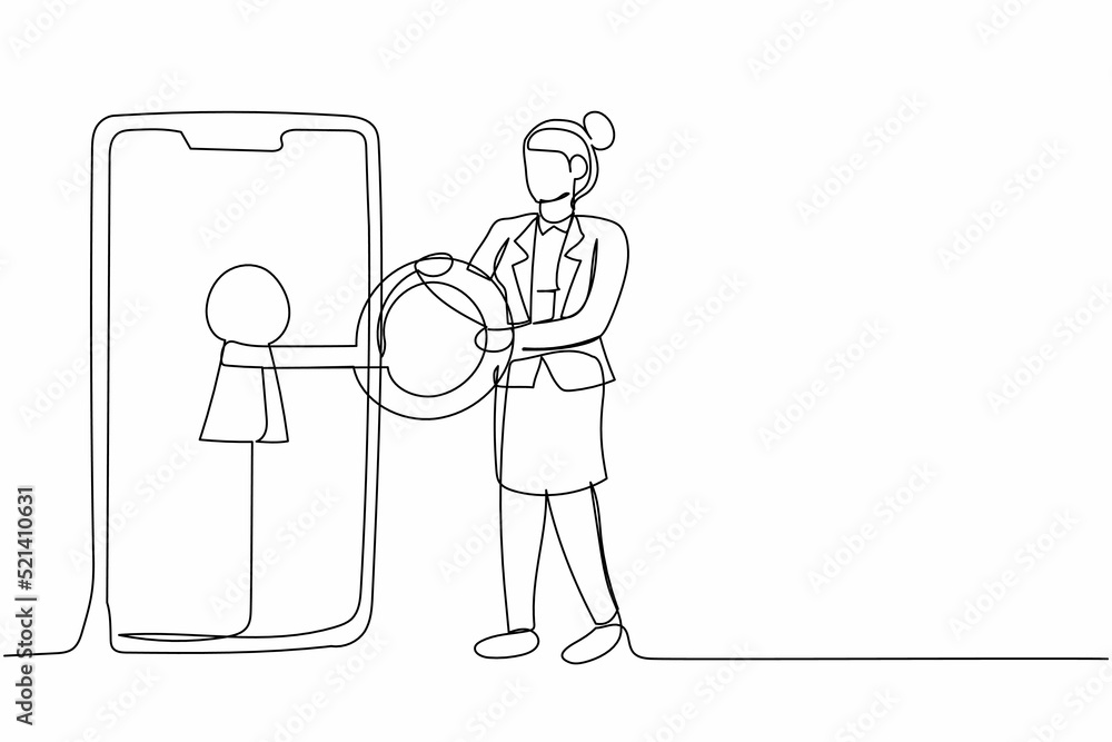Single one line drawing businesswoman put key into smartphone. Unlock screen guard. Data privacy for protect internet user. Password device security system. Continuous line design vector illustration Single one line drawing businesswoman put key into smartphone. Unlock screen guard. Data privacy for protect internet user. Password device security system. Continuous line design vector illustration