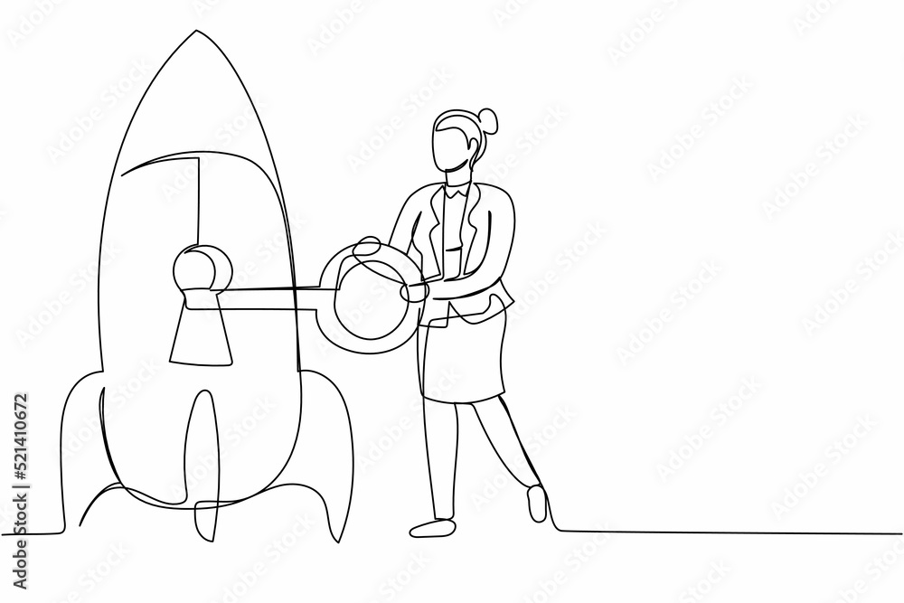Obraz premium Single one line drawing businesswoman put key into rocket. Restart business project. Unlock or launch new business idea. Web development. Modern continuous line draw design graphic vector illustration