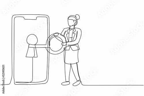 Single one line drawing businesswoman put key into smartphone. Unlock screen guard. Data privacy for protect internet user. Password device security system. Continuous line design vector illustration