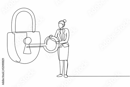 Single continuous line drawing businesswoman putting big key into padlock. Security, safety, private property protection. Secrecy, secure protecting. One line draw graphic design vector illustration